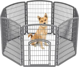 IRIS USA Dog Playpen, 8-Panel 34" Pet Playpen with Door, Puppy Playpen, Indoor/Outdoor Dog Pen, 63 x 63 x 34, Foldable, Customizable, Dark Gray