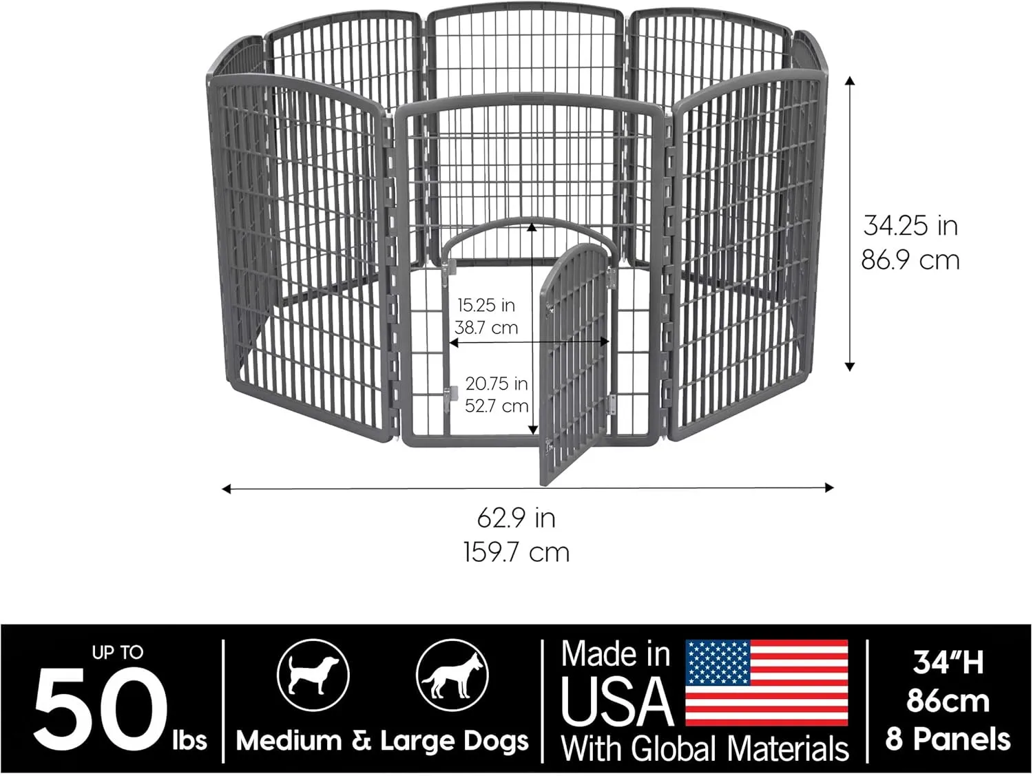 IRIS USA Dog Playpen, 8-Panel 34" Pet Playpen with Door, Puppy Playpen, Indoor/Outdoor Dog Pen, 63 x 63 x 34, Foldable, Customizable, Dark Gray