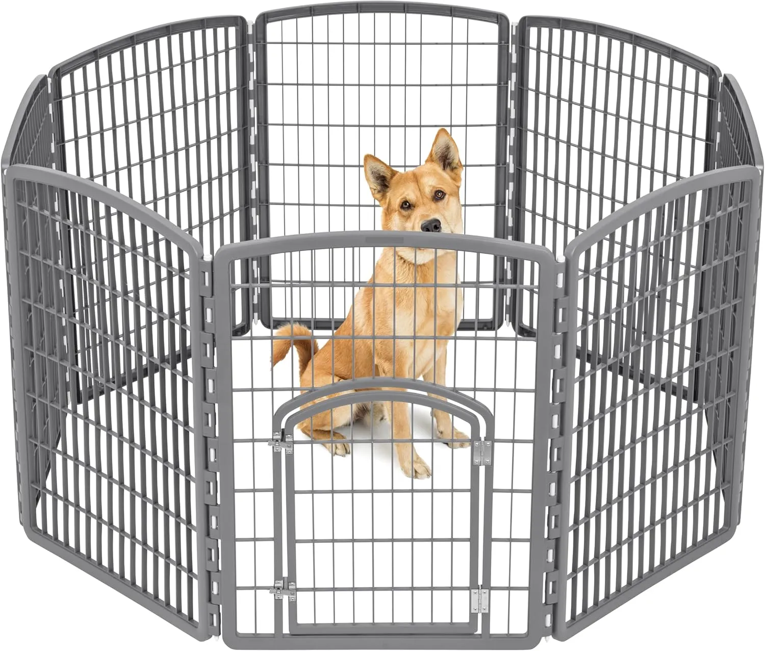 IRIS USA Dog Playpen, 8-Panel 34" Pet Playpen with Door, Puppy Playpen, Indoor/Outdoor Dog Pen, 63 x 63 x 34, Foldable, Customizable, Dark Gray