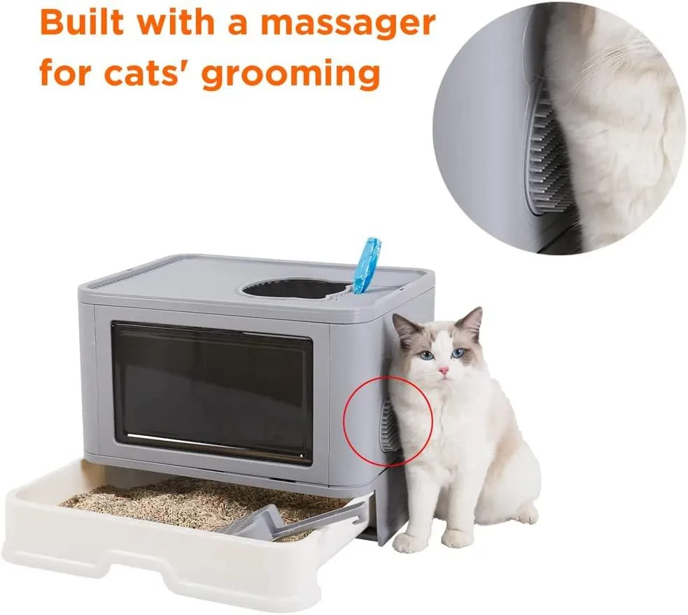Large Foldable Cat Litter Box with Lid Kitty Potty Top Entry Anti-Splashing Cat Supplies with Pet Plastic Scoop Top Compartment
