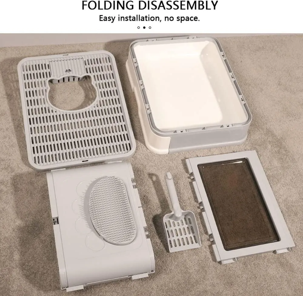 Large Foldable Cat Litter Box with Lid Kitty Potty Top Entry Anti-Splashing Cat Supplies with Pet Plastic Scoop Top Compartment
