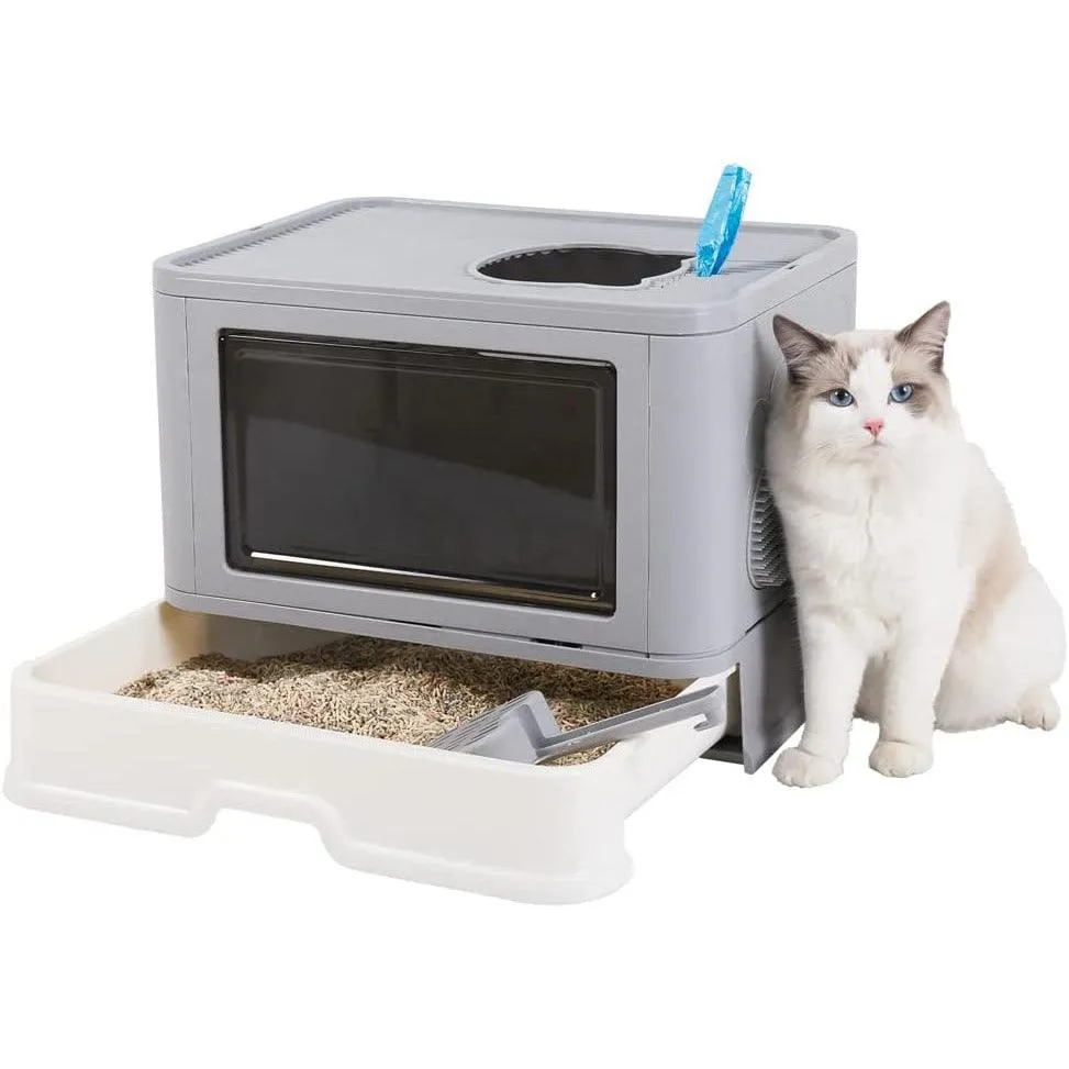 Large Foldable Cat Litter Box with Lid Kitty Potty Top Entry Anti-Splashing Cat Supplies with Pet Plastic Scoop Top Compartment