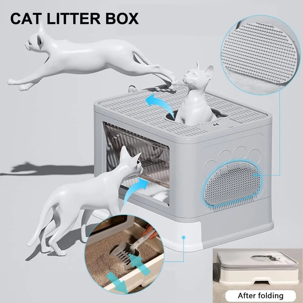 Large Foldable Cat Litter Box with Lid Kitty Potty Top Entry Anti-Splashing Cat Supplies with Pet Plastic Scoop Top Compartment