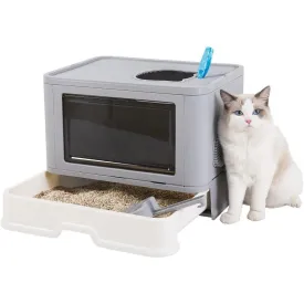 Large Foldable Cat Litter Box with Lid Kitty Potty Top Entry Anti-Splashing Cat Supplies with Pet Plastic Scoop Top Compartment