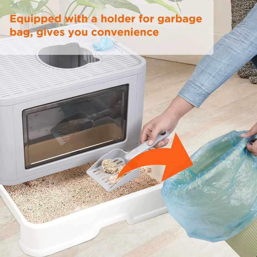 Large Foldable Cat Litter Box with Lid Kitty Potty Top Entry Anti-Splashing Cat Supplies with Pet Plastic Scoop Top Compartment
