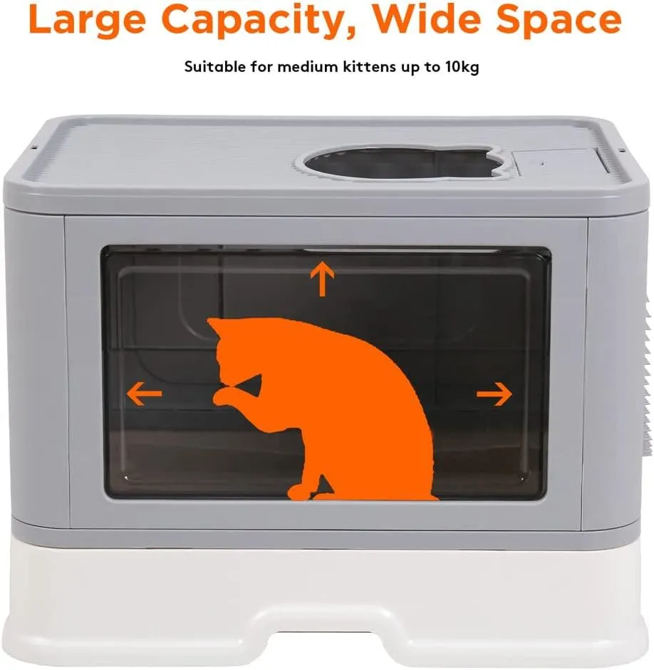 Large Foldable Cat Litter Box with Lid Kitty Potty Top Entry Anti-Splashing Cat Supplies with Pet Plastic Scoop Top Compartment