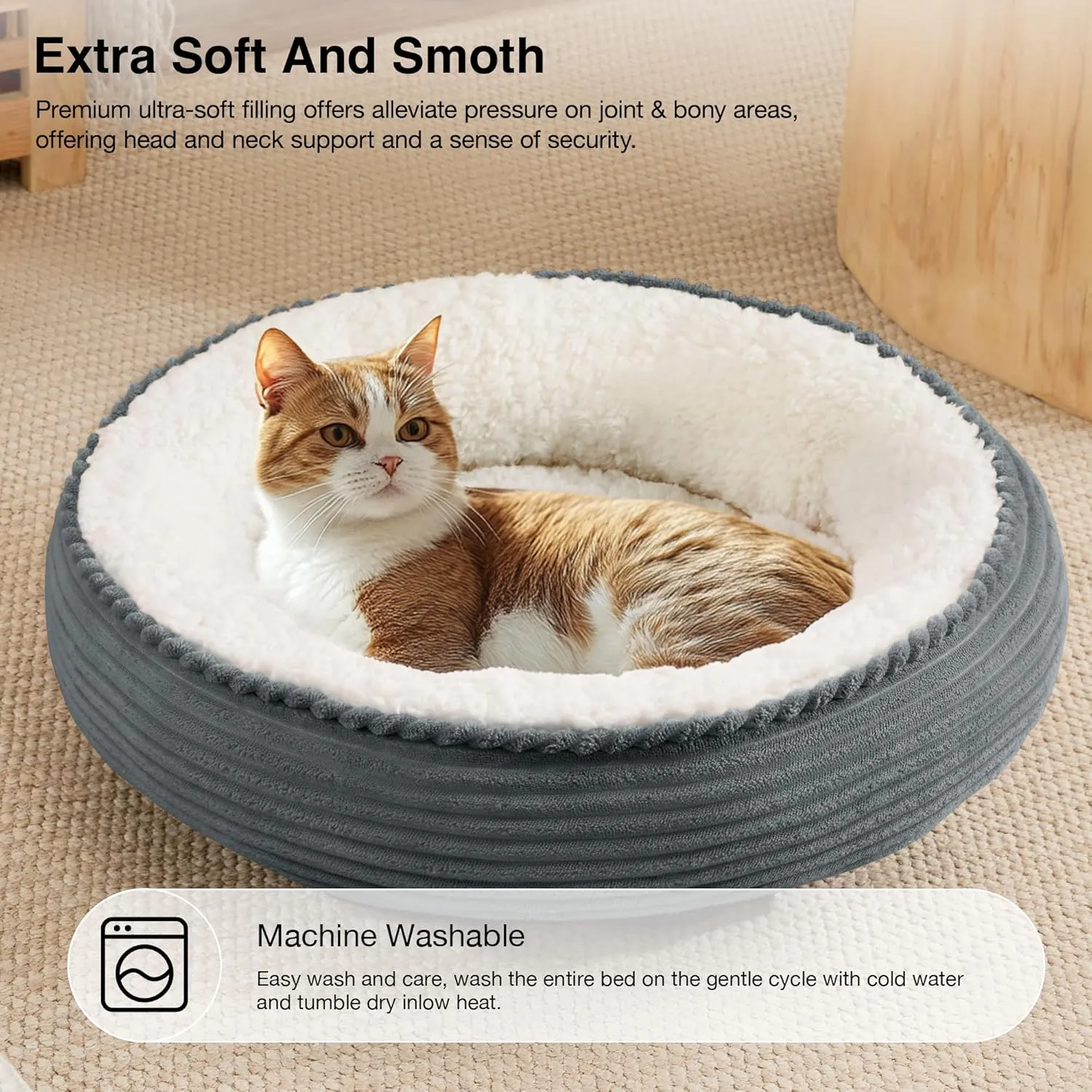 Love's cabin Round Donut Cat and Dog Cushion Bed, 20in Pet Bed for Cats or Small Dogs, Anti-Slip Water-Resistant Bottom, Super Soft Durable Fabric Pet beds, Washable Cat Dog Bed Stripe Bluish Grey