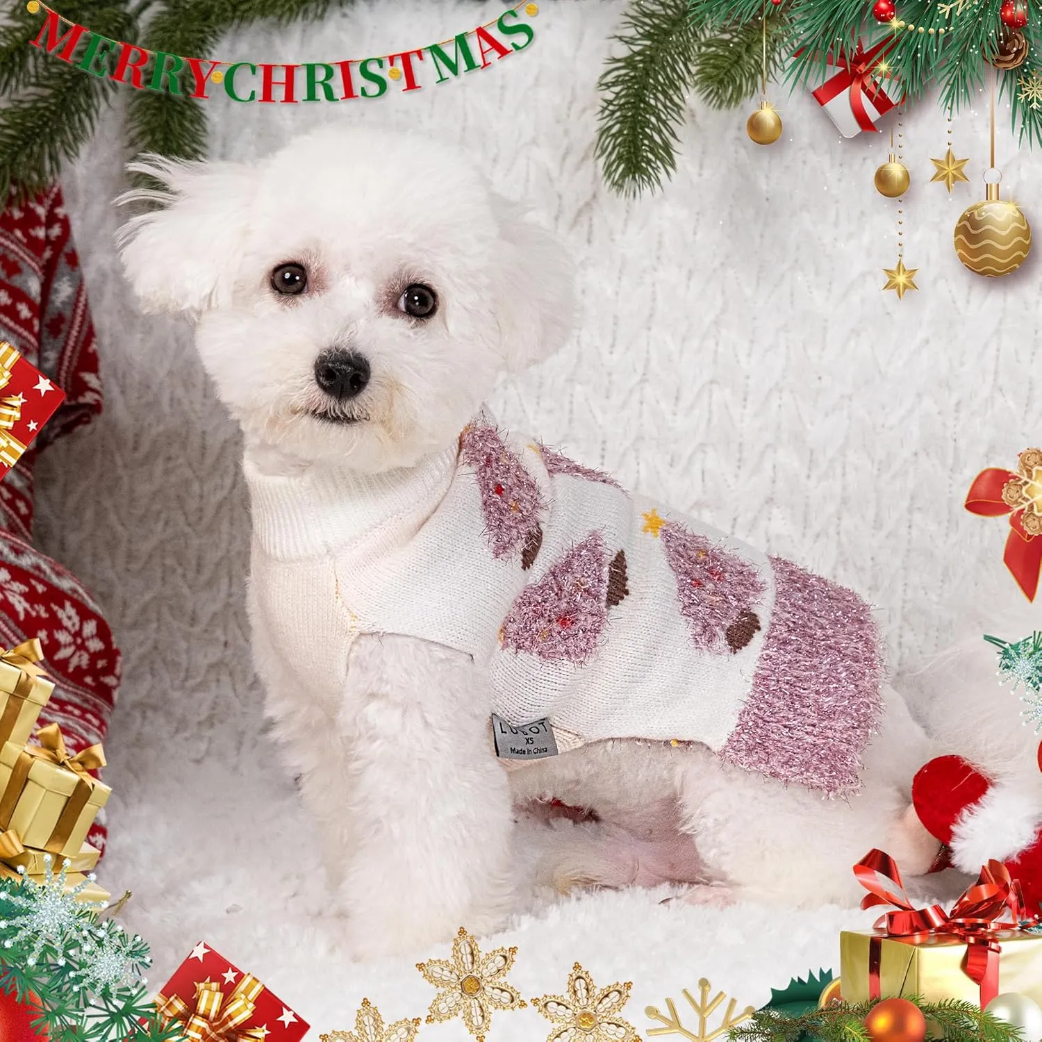 LUBOT New Ugly Christmas Sweaters for Puppy Cute Funny Wintertime and Holiday Parties Knitted Pullover Sweater Small Dog Pink&Purple Small
