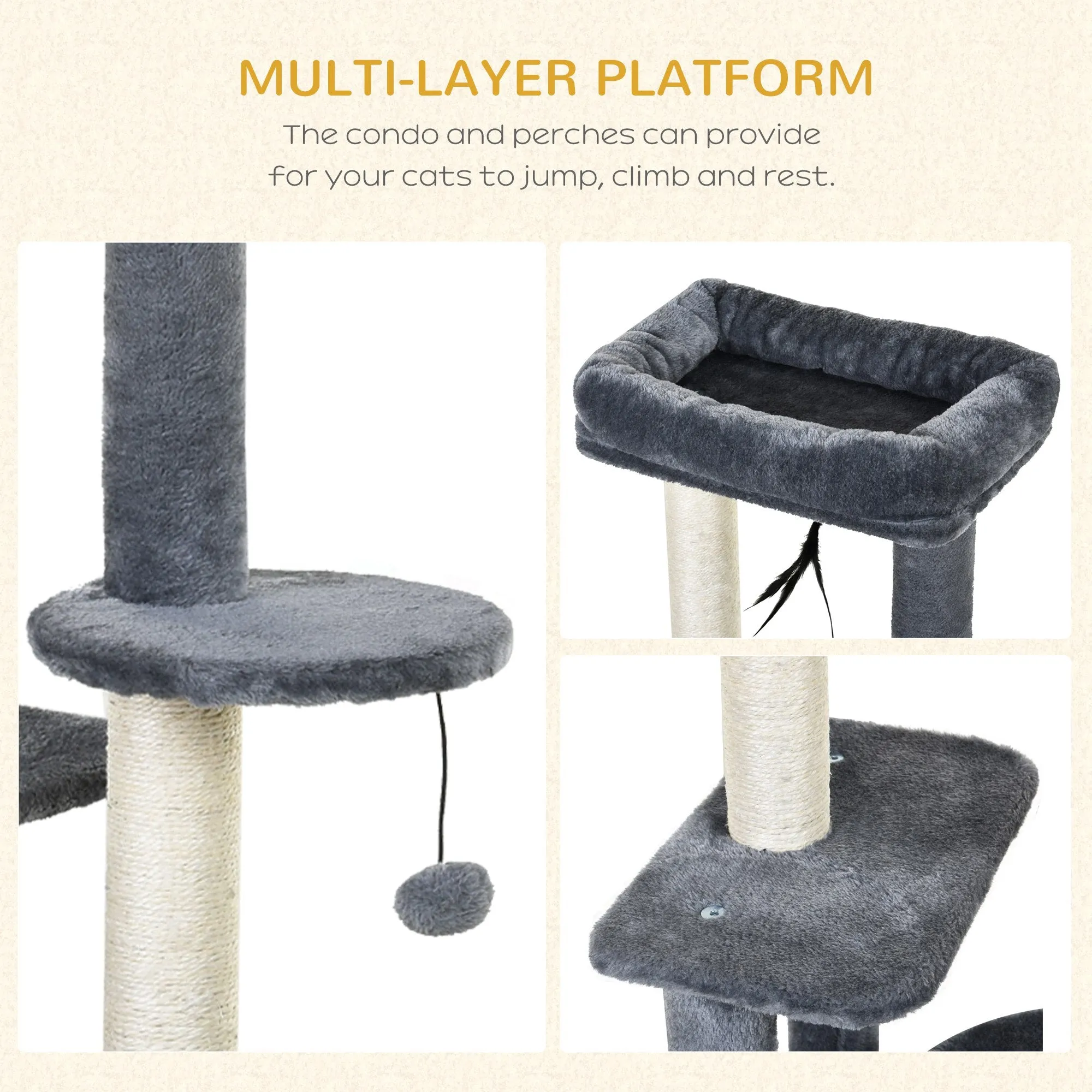 PawHut 100cm Cat Tree for Indoor Cats, Cat Tower Condo for Kittens with Cat House Sisal Scratching Posts, Hanging Ball Toys, Perches - Grey