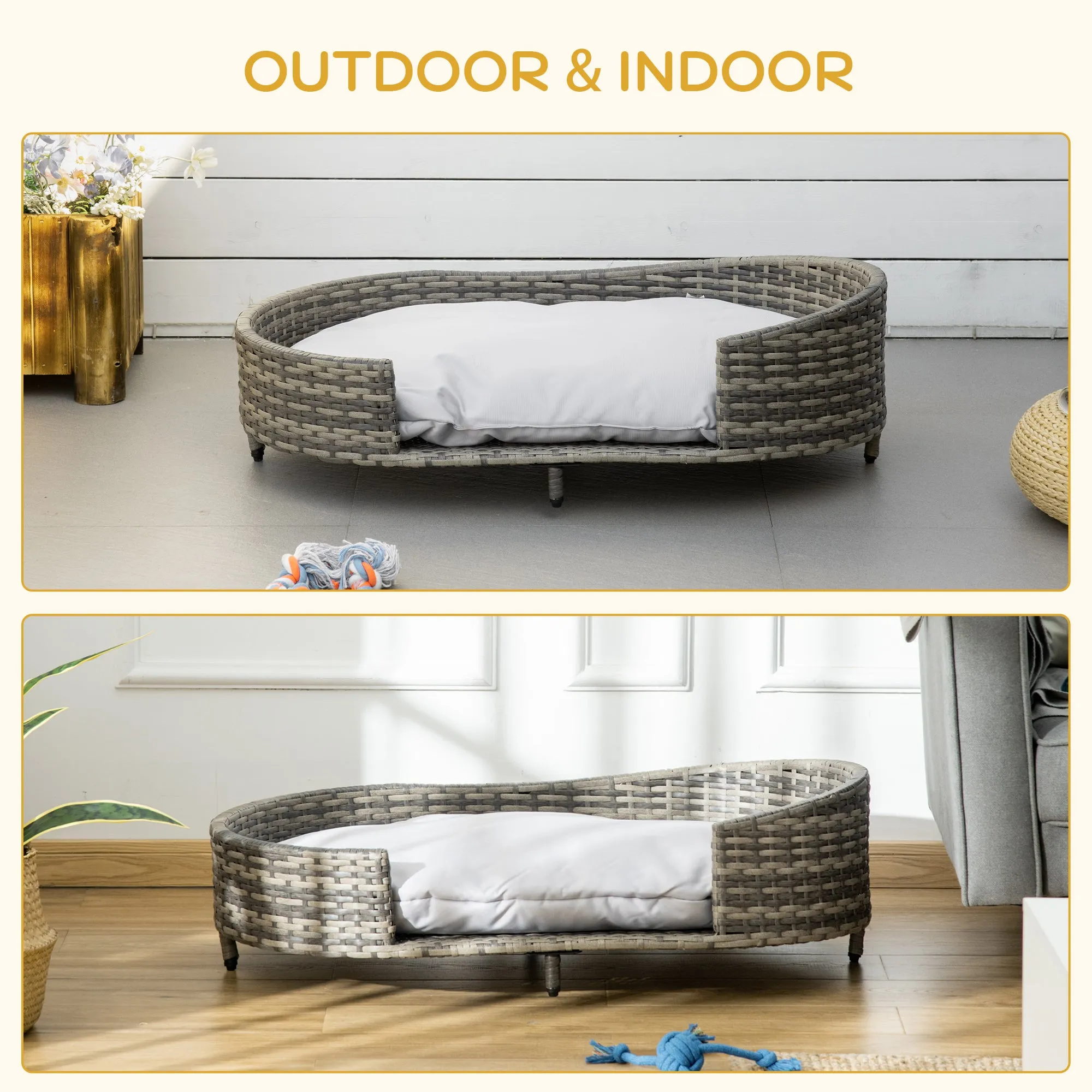 PawHut Wicker Dog Sofa Bed w/ Soft Water-resistant Cushion for Large Dogs