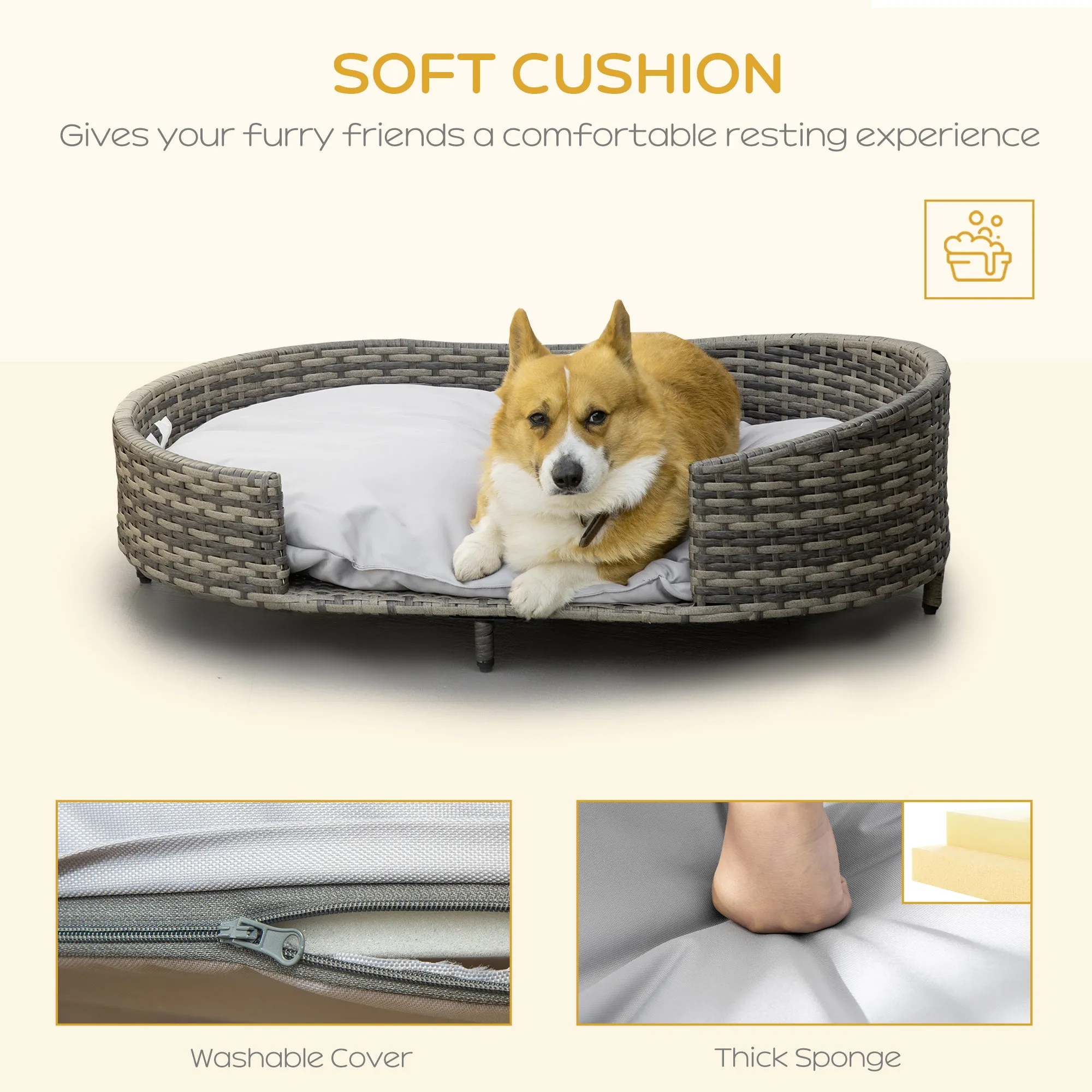 PawHut Wicker Dog Sofa Bed w/ Soft Water-resistant Cushion for Large Dogs