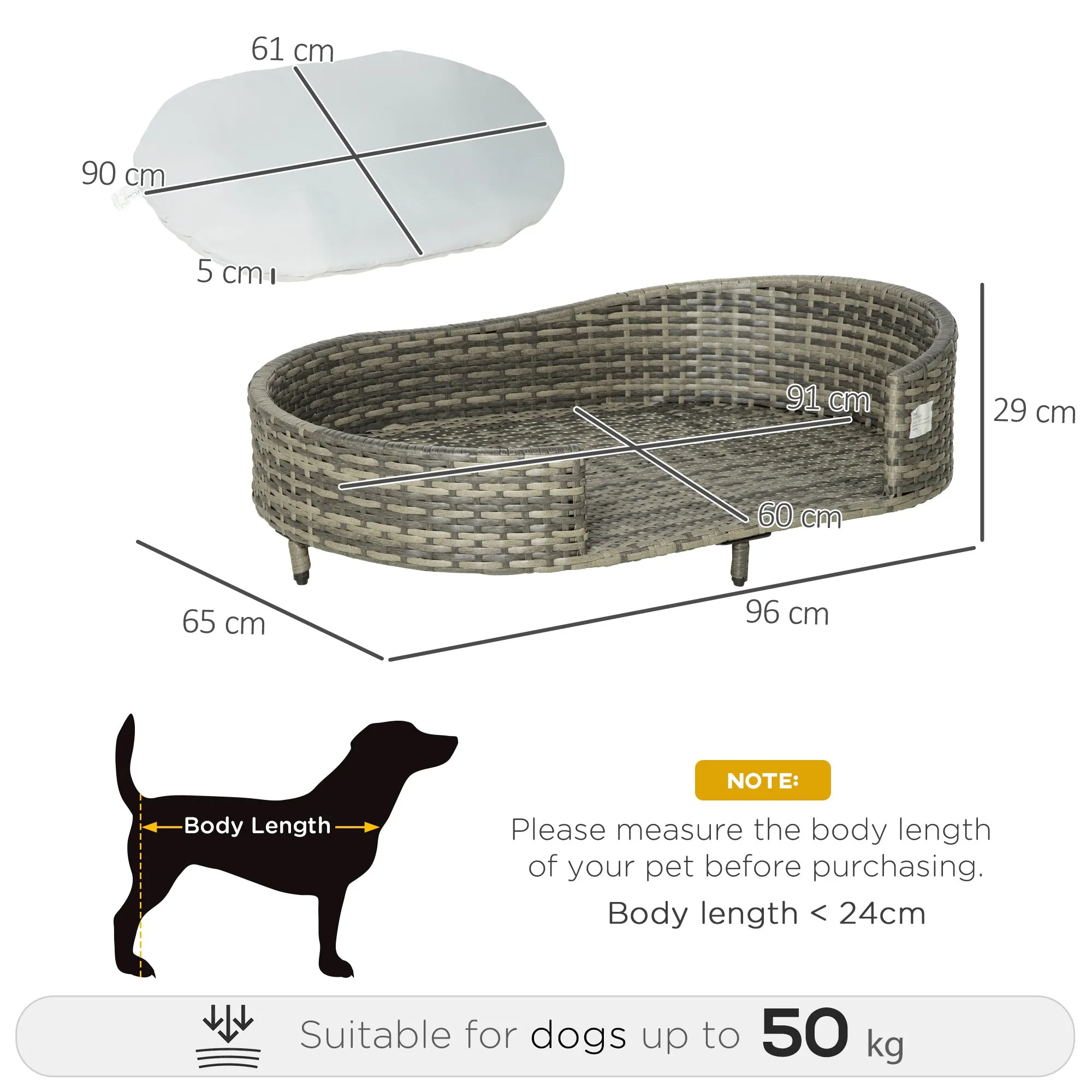 PawHut Wicker Dog Sofa Bed w/ Soft Water-resistant Cushion for Large Dogs