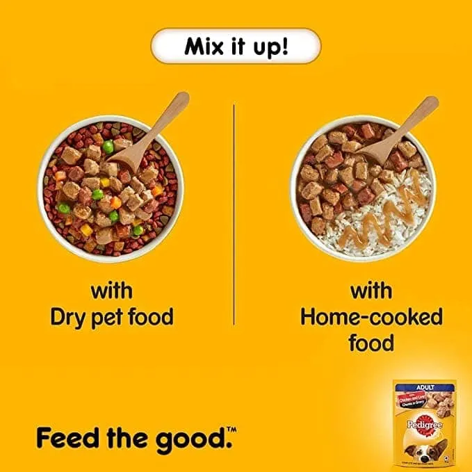 Pedigree Chicken and Vegetables Dry and Chicken and Liver Chunks in Gravy Wet Adult Dog Food Combo