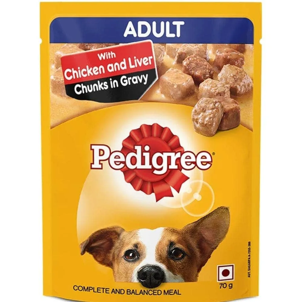 Pedigree Chicken and Vegetables Dry and Chicken and Liver Chunks in Gravy Wet Adult Dog Food Combo