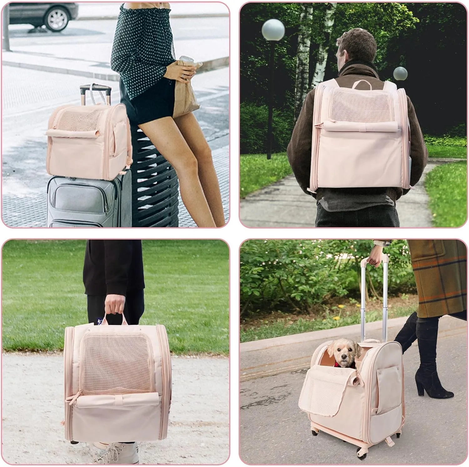 Pet Backpack Carrier with Wheels, Airline Approved Foldable Dog Travel Carrier for Small Cats Dogs Puppies, Pet Rolling Bag with Detachable Trolley, Telescopic Handle, Safety Strap, Light Pink