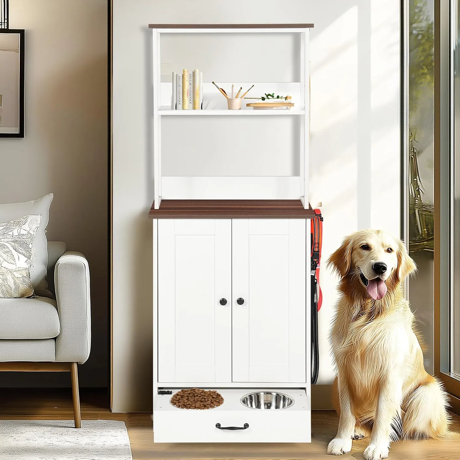 Pet Feeding Station with 2 Stainless Steel Bowls, Dog Food Storage Cabinet with Shelves & 3 Hooks, Pet Feeder Station for Dogs Cats for Feeding & Watering Supplies, White