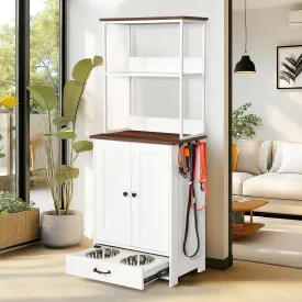 Pet Feeding Station with 2 Stainless Steel Bowls, Dog Food Storage Cabinet with Shelves & 3 Hooks, Pet Feeder Station for Dogs Cats for Feeding & Watering Supplies, White