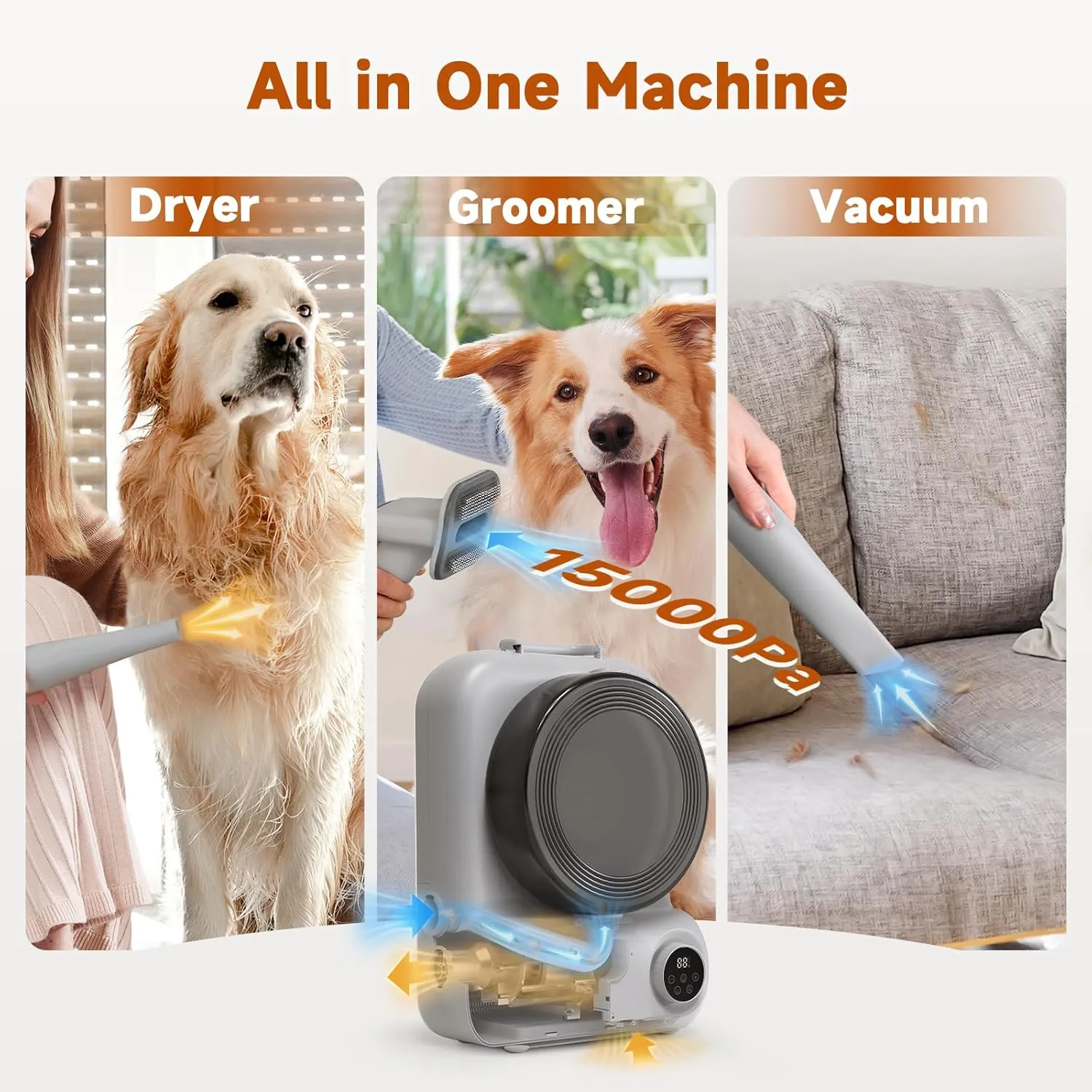 Pet Grooming Vacuum and Dryer for Dogs with 3L Large Canister, Dog Grooming Vacuum Able to Store All Attachments, Powerful 15000Pa Suction Dog Vacuum for Shedding Grooming, Grey