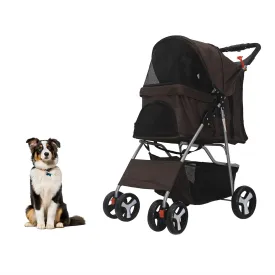 Pet Stroller 4 Wheels Dog Cat Stroller for Small Medium Dogs Cats Pet Folding Stroller with Cup Holder and Storage Basket, Easy to Walk Travel Carrier, Brown