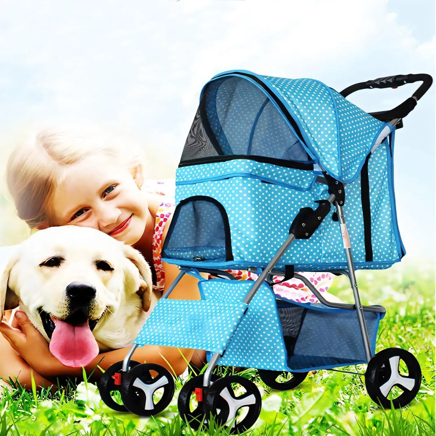 Pet Stroller 4 Wheels Dog Cat Stroller for Small Medium Dogs Cats Pet Folding Stroller with Cup Holder and Storage Basket, Easy to Walk Travel Carrier, Brown