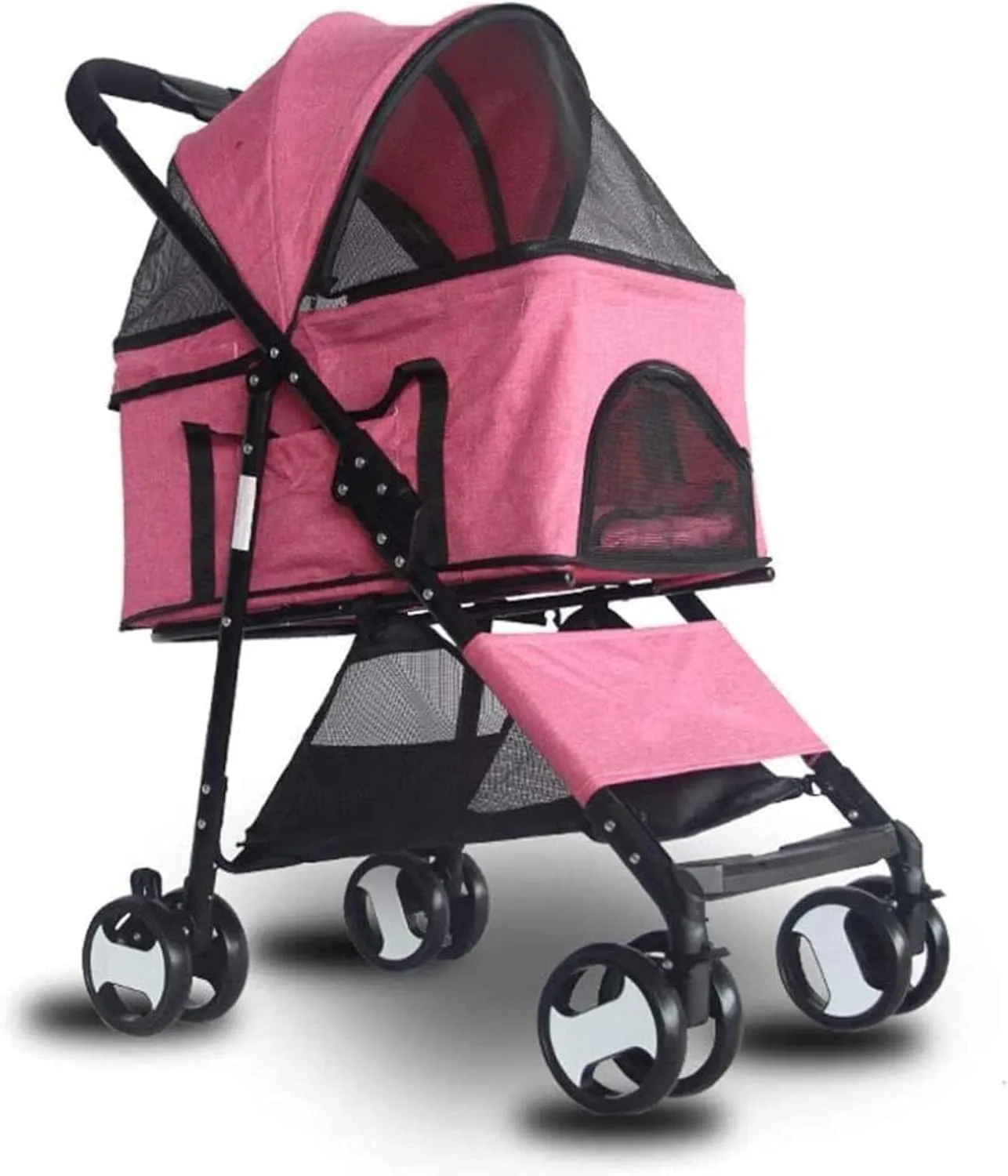 Pet Stroller Detachable 25Kg Travel Trolley with 2 Front Swivel Wheels Foldable 4 Wheels Pram for Medium Dog (Pink)