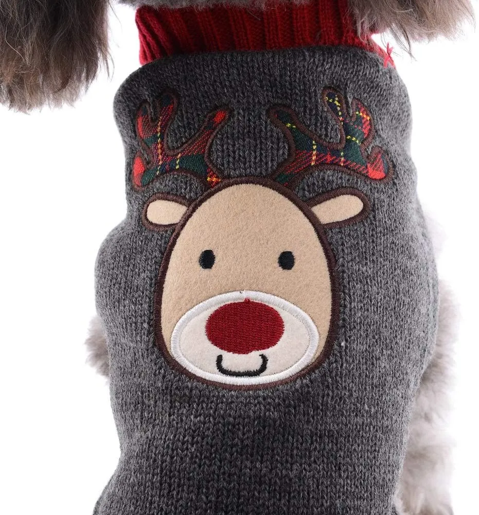 PETCARE Reindeer Christmas Dog & Cat Sweater Vest - Gray Cartoon Elk Pet Holiday Clothes for Small to Large Dogs & Cats - Fall Winter Outfits, X-Small
