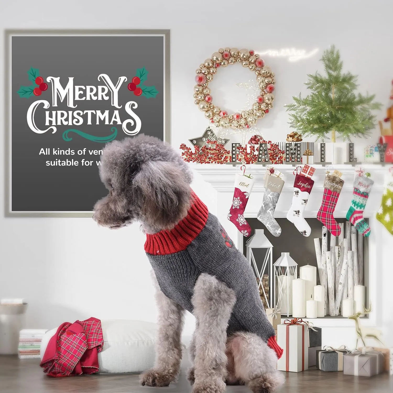 PETCARE Reindeer Christmas Dog & Cat Sweater Vest - Gray Cartoon Elk Pet Holiday Clothes for Small to Large Dogs & Cats - Fall Winter Outfits, X-Small