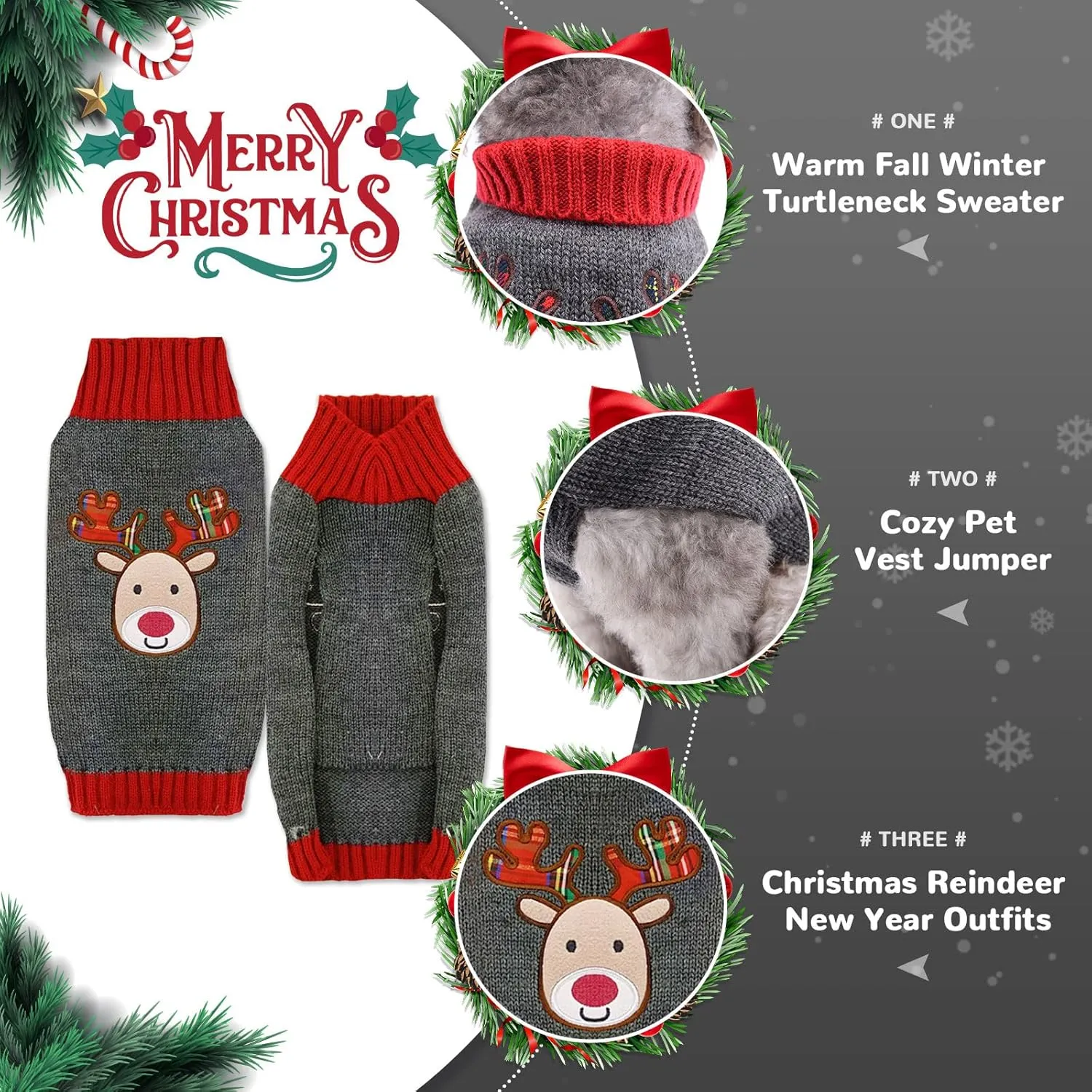 PETCARE Reindeer Christmas Dog & Cat Sweater Vest - Gray Cartoon Elk Pet Holiday Clothes for Small to Large Dogs & Cats - Fall Winter Outfits, X-Small