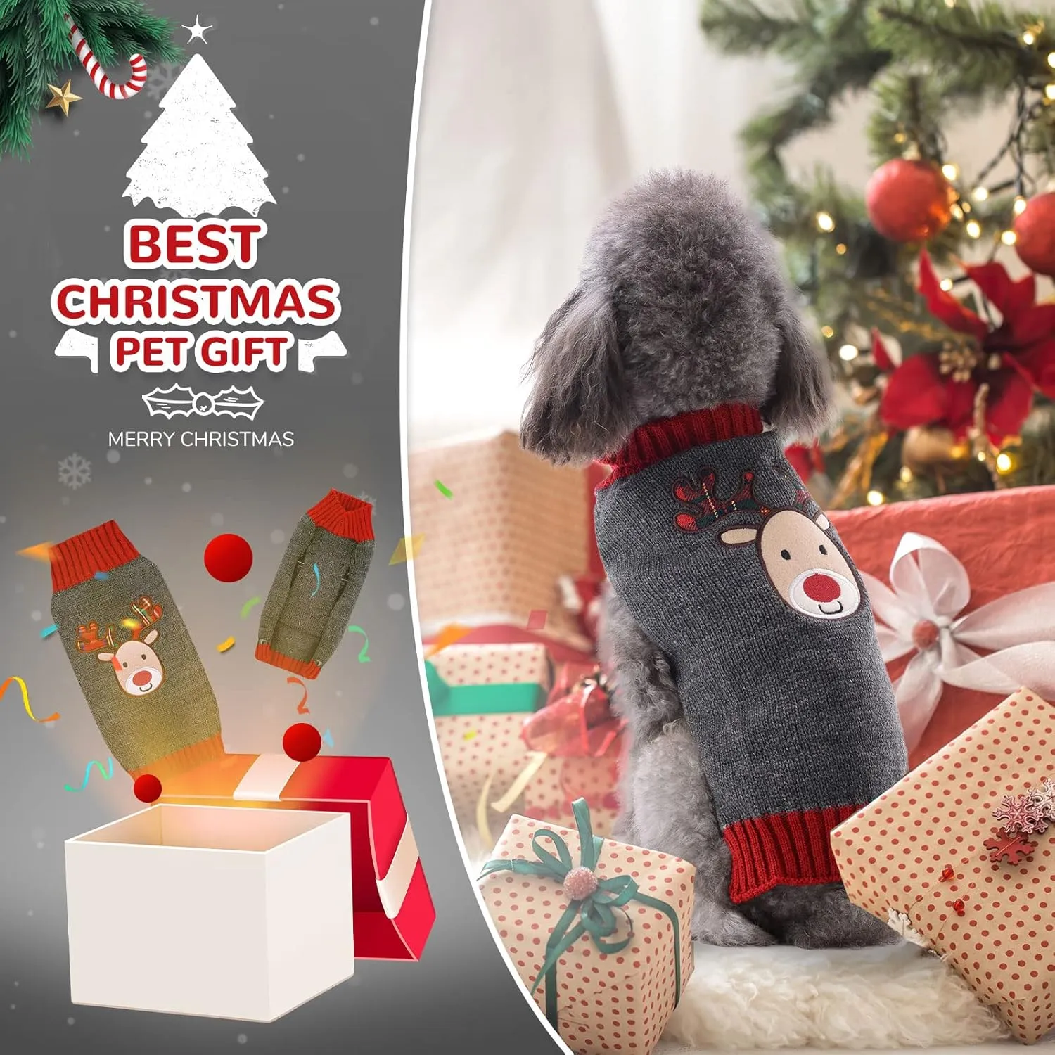 PETCARE Reindeer Christmas Dog & Cat Sweater Vest - Gray Cartoon Elk Pet Holiday Clothes for Small to Large Dogs & Cats - Fall Winter Outfits, X-Small