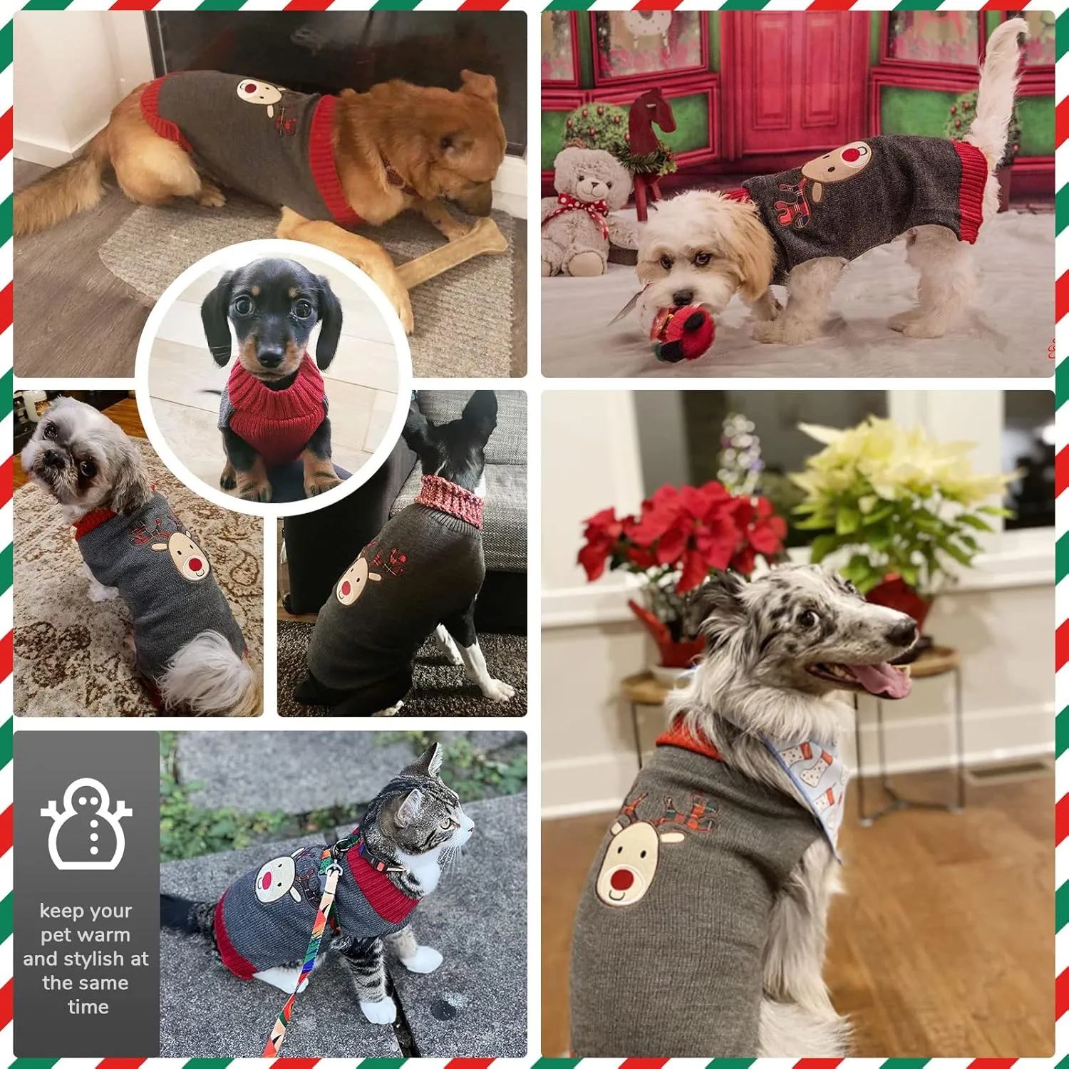 PETCARE Reindeer Christmas Dog & Cat Sweater Vest - Gray Cartoon Elk Pet Holiday Clothes for Small to Large Dogs & Cats - Fall Winter Outfits, X-Small