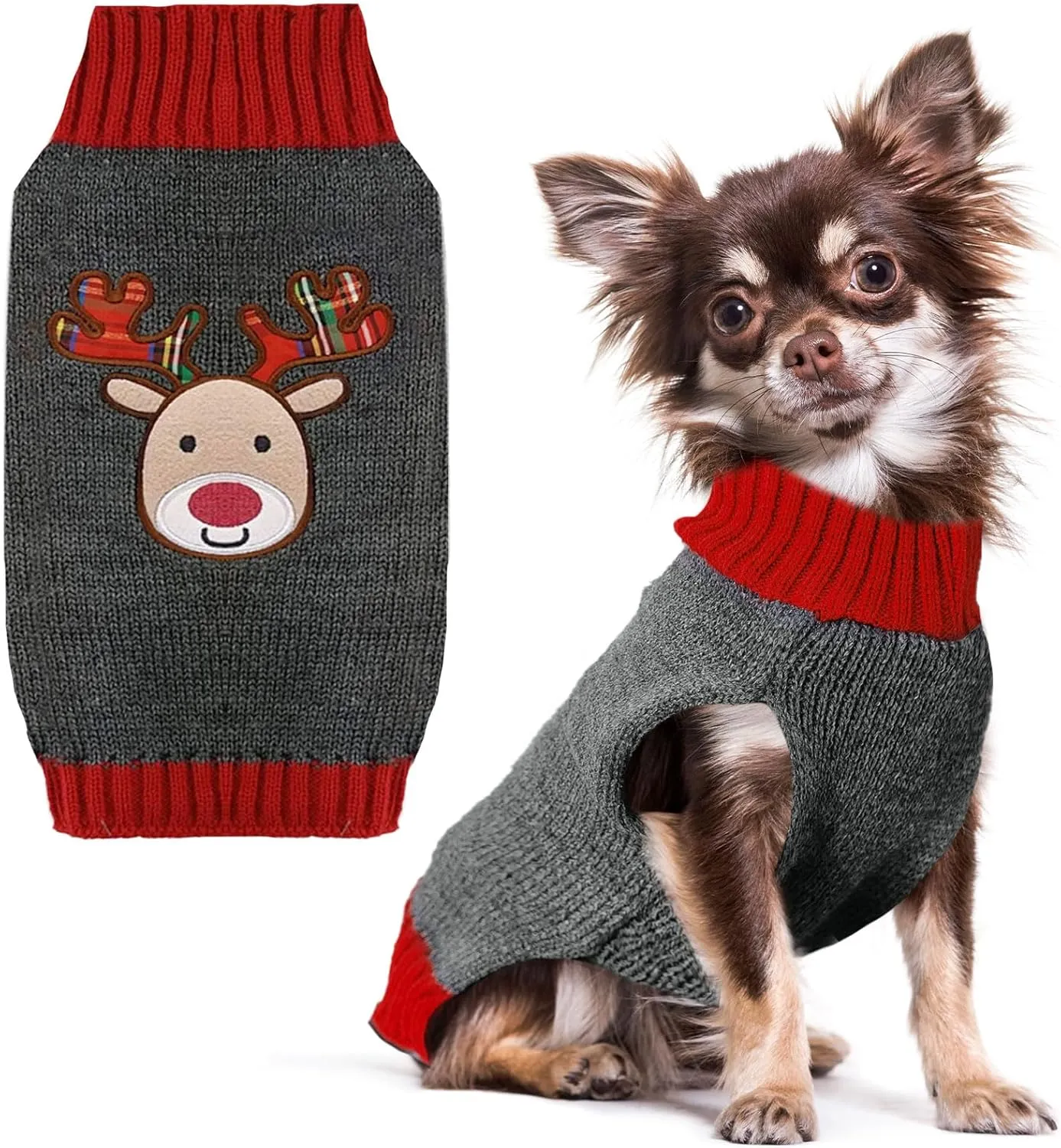 PETCARE Reindeer Christmas Dog & Cat Sweater Vest - Gray Cartoon Elk Pet Holiday Clothes for Small to Large Dogs & Cats - Fall Winter Outfits, X-Small