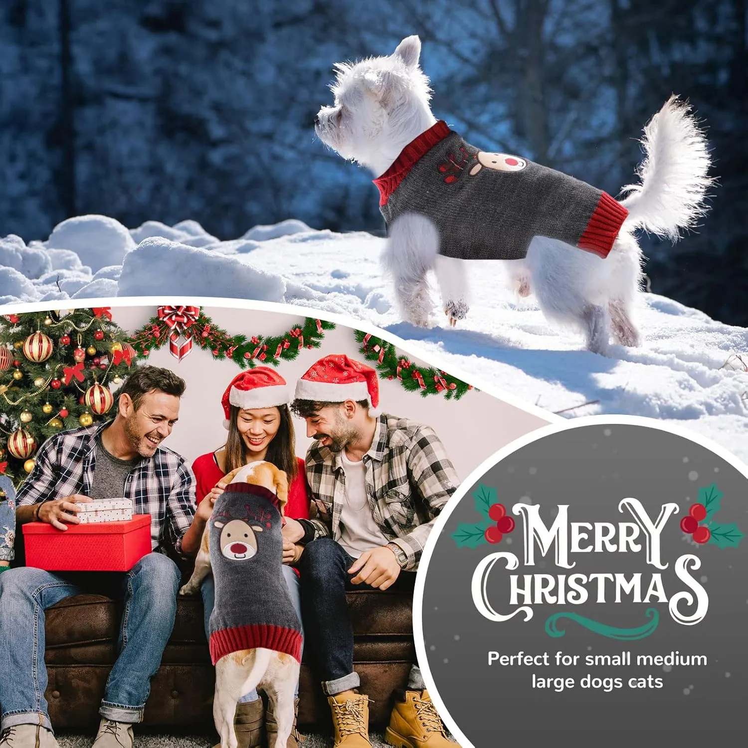 PETCARE Reindeer Christmas Dog & Cat Sweater Vest - Gray Cartoon Elk Pet Holiday Clothes for Small to Large Dogs & Cats - Fall Winter Outfits, X-Small