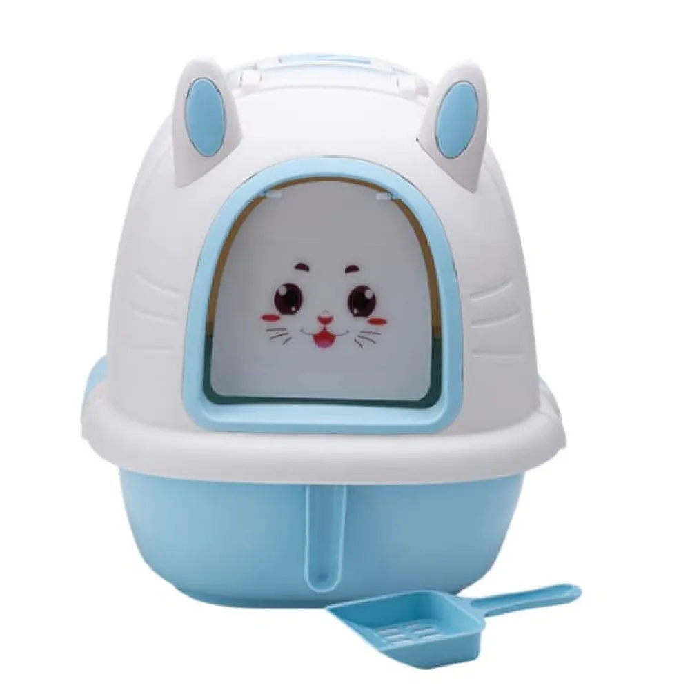 PetGains Fully Enclosed Litter Box Deodorant Anti Stink Toilet for Cats (Blue/White)