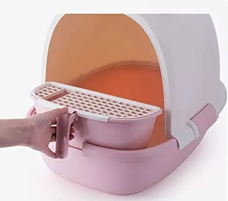 PetGains Fully Enclosed Litter Box Deodorant Anti Stink Toilet for Cats (Pink/White)
