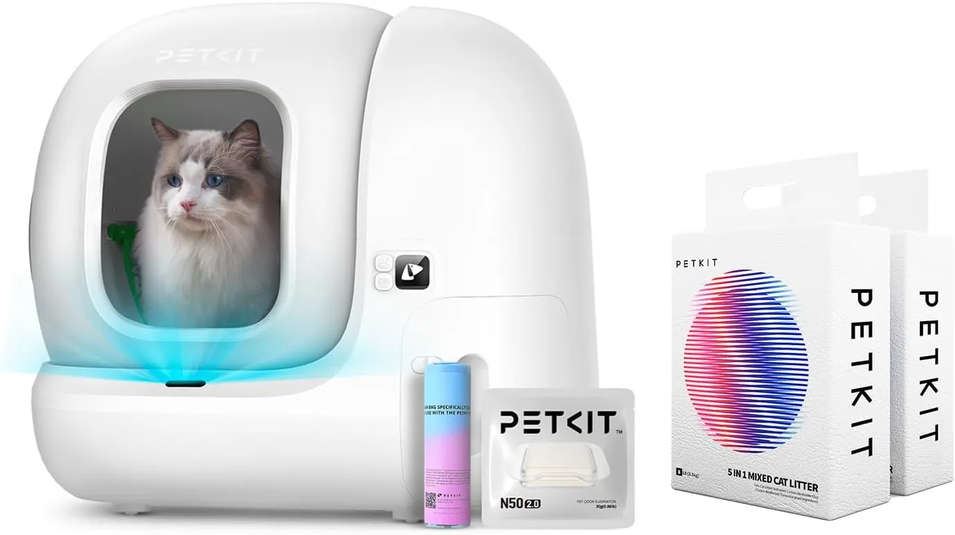 PETKIT PuraMax 2 Automatic Cat Litter Box 2 Bags Mixed Cat Litter, Self-Cleaning cat Litter Box with Upgraded Cylinder and Litter Pad, Anti-Leakage