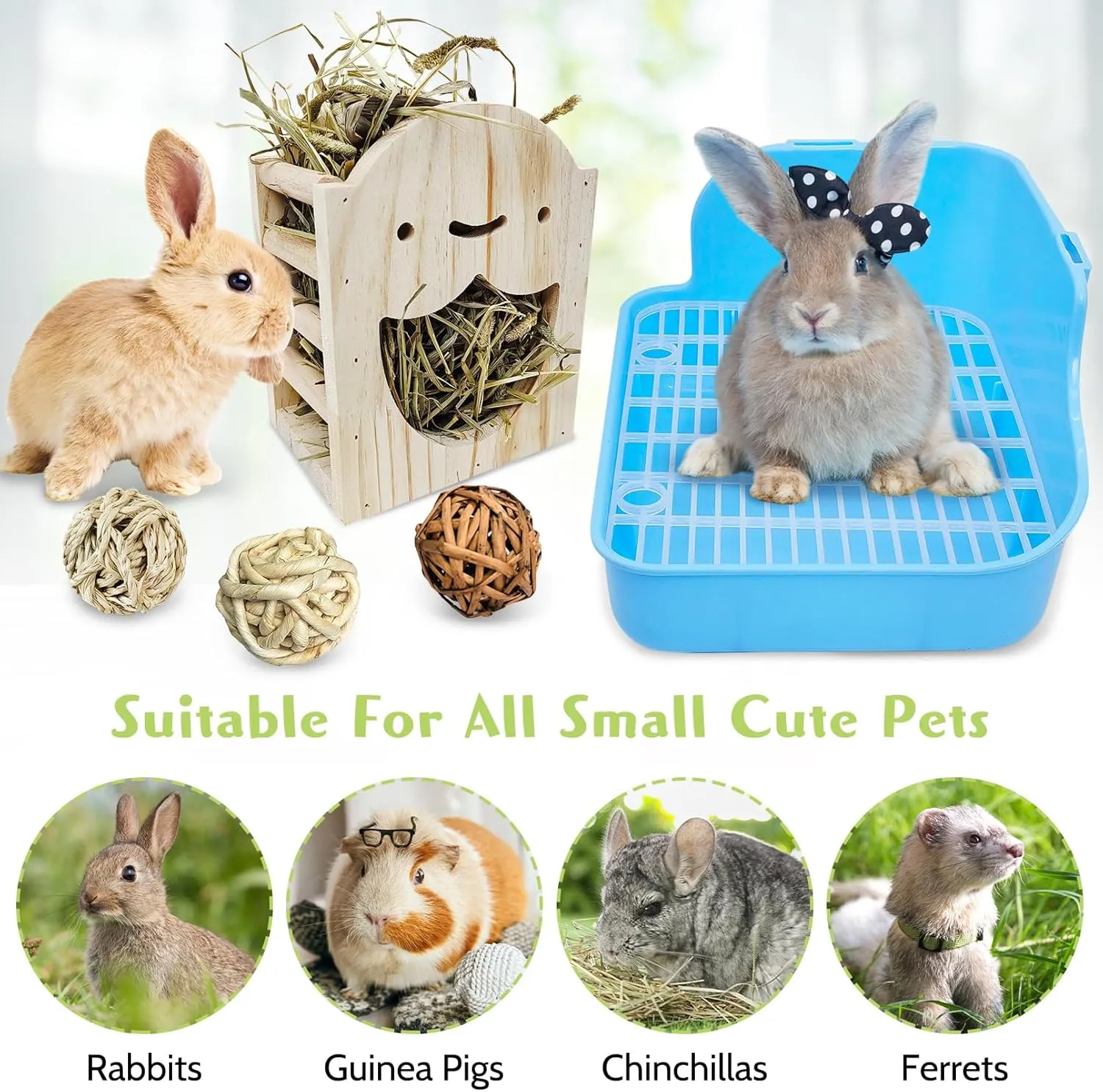 PINVNBY Rabbit Litter Box for Cage Wooden Guinea Pig Hay Rack Feeder Potty Trainer Corner Bunny Litter Box Pet Toilet with Cleaning Set for Guinea Pigs Ferret Rabbits Chinchilla