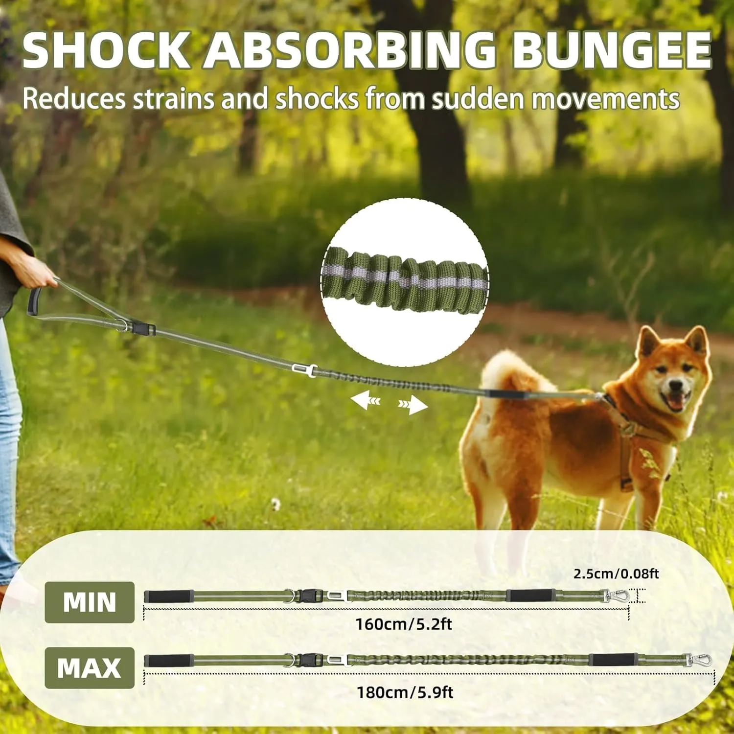 PUPTECK Heavy Duty Bungee Leash for Medium Large Dogs, No Pull Tactical Dog Leash with Double Handles for Training, Reflective with Car Seatbelt and Quick Release Buckle, Green