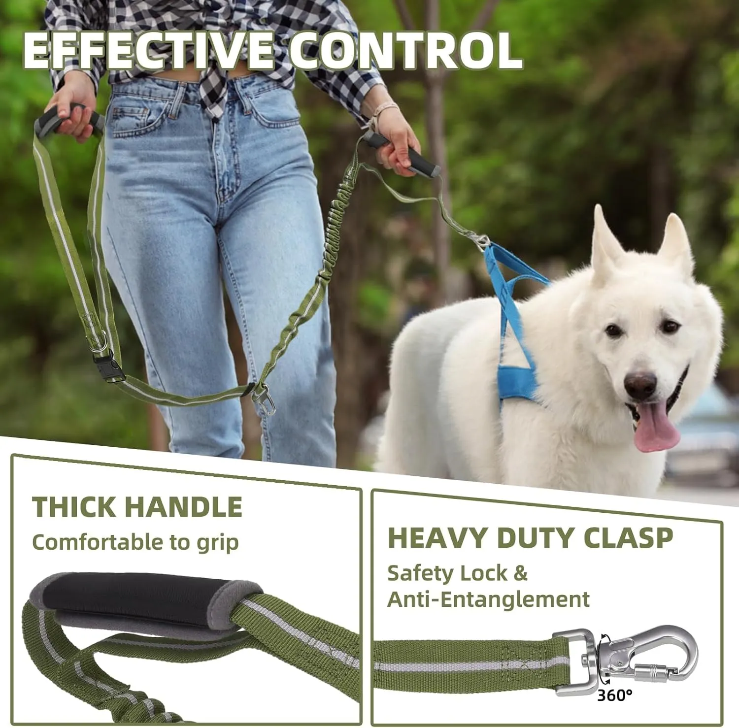 PUPTECK Heavy Duty Bungee Leash for Medium Large Dogs, No Pull Tactical Dog Leash with Double Handles for Training, Reflective with Car Seatbelt and Quick Release Buckle, Green