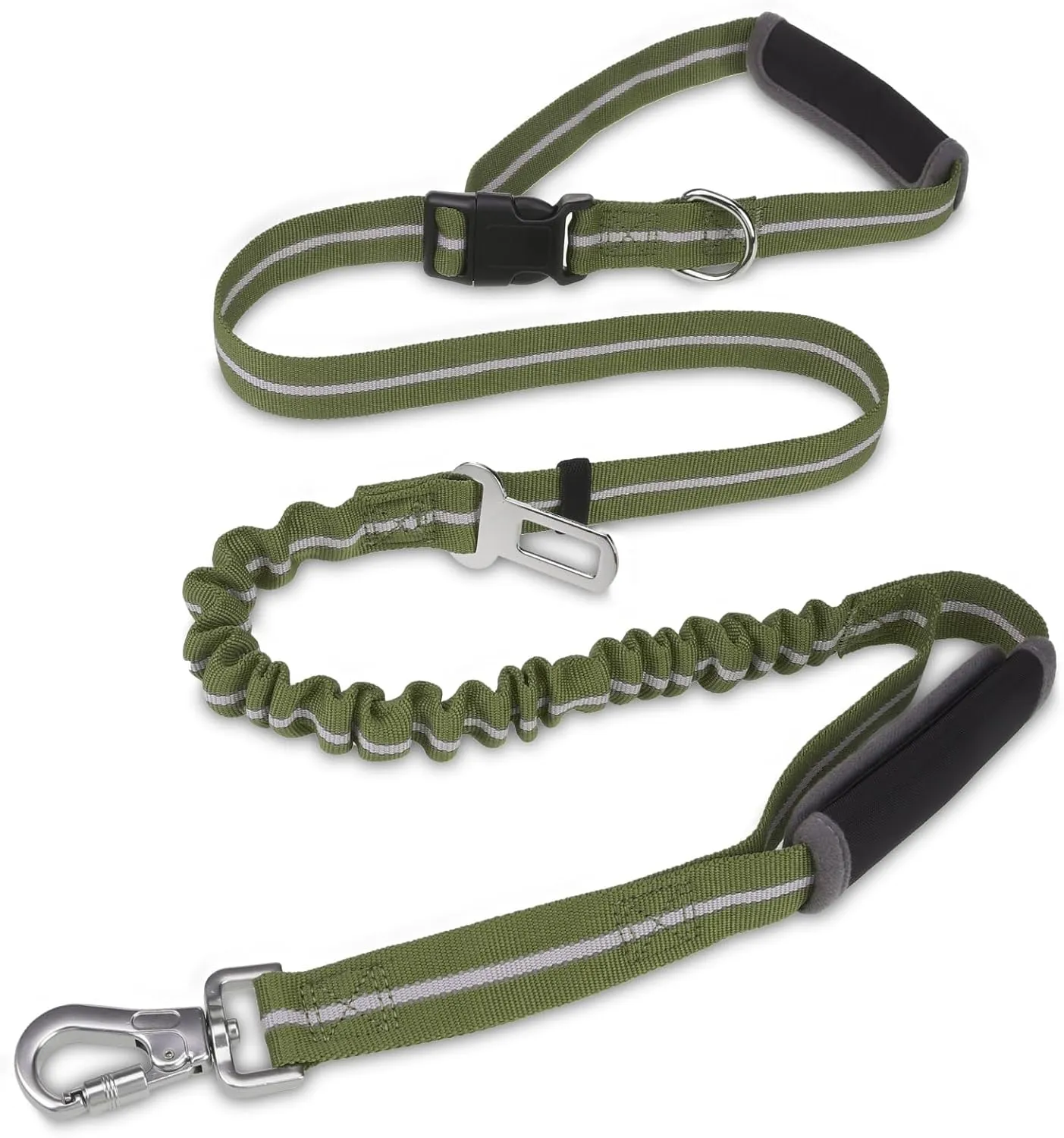 PUPTECK Heavy Duty Bungee Leash for Medium Large Dogs, No Pull Tactical Dog Leash with Double Handles for Training, Reflective with Car Seatbelt and Quick Release Buckle, Green