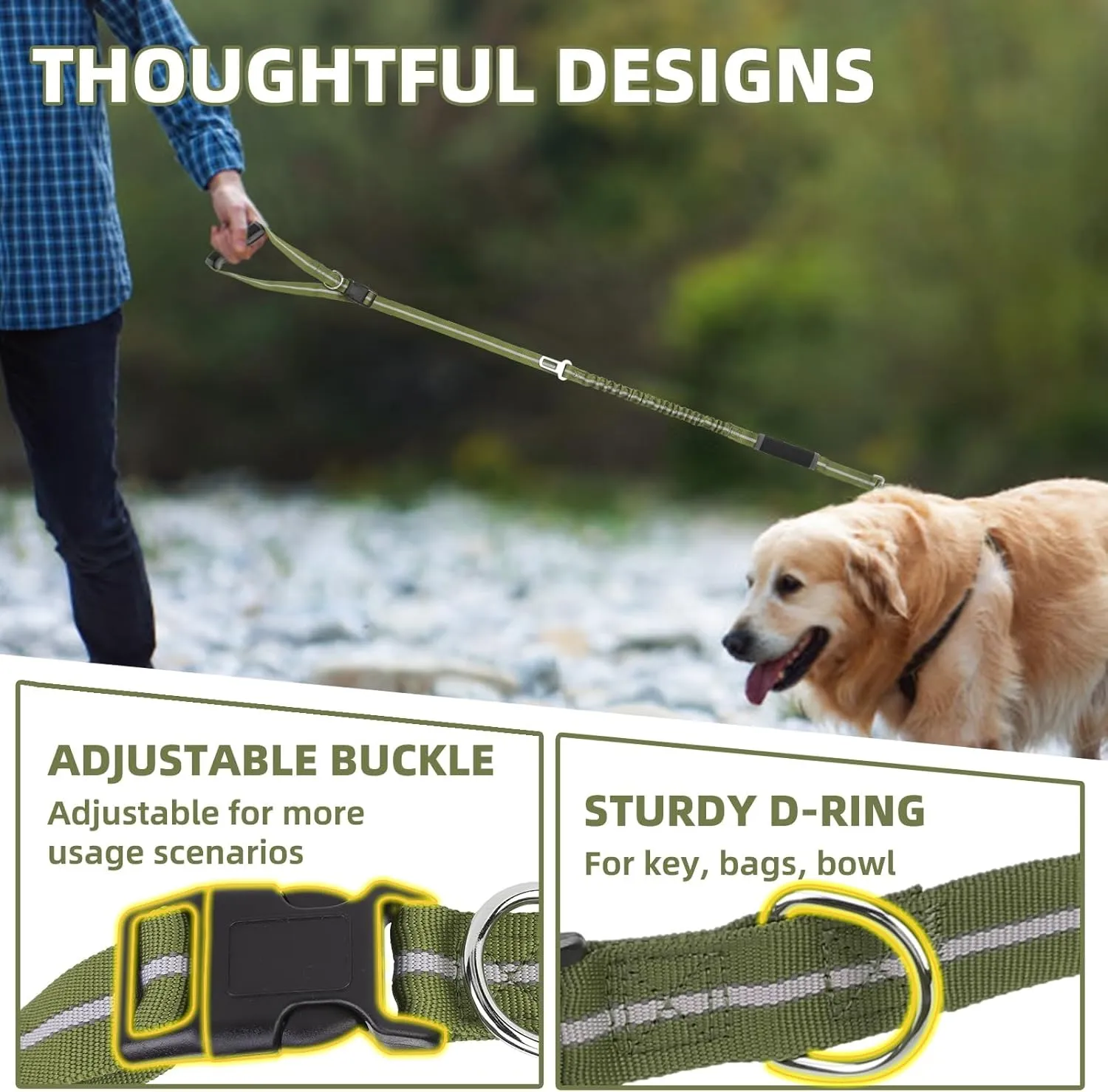 PUPTECK Heavy Duty Bungee Leash for Medium Large Dogs, No Pull Tactical Dog Leash with Double Handles for Training, Reflective with Car Seatbelt and Quick Release Buckle, Green