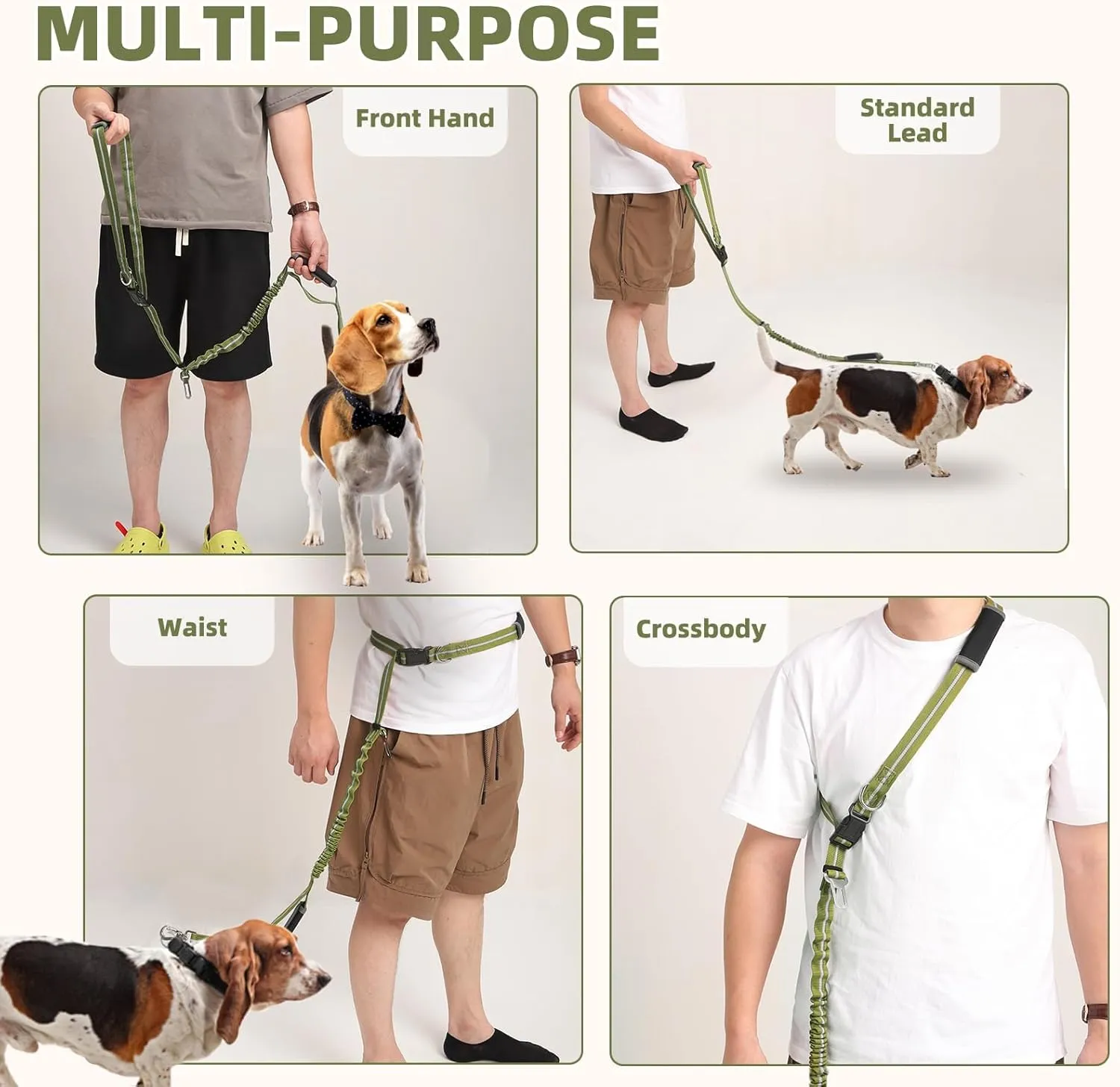 PUPTECK Heavy Duty Bungee Leash for Medium Large Dogs, No Pull Tactical Dog Leash with Double Handles for Training, Reflective with Car Seatbelt and Quick Release Buckle, Green