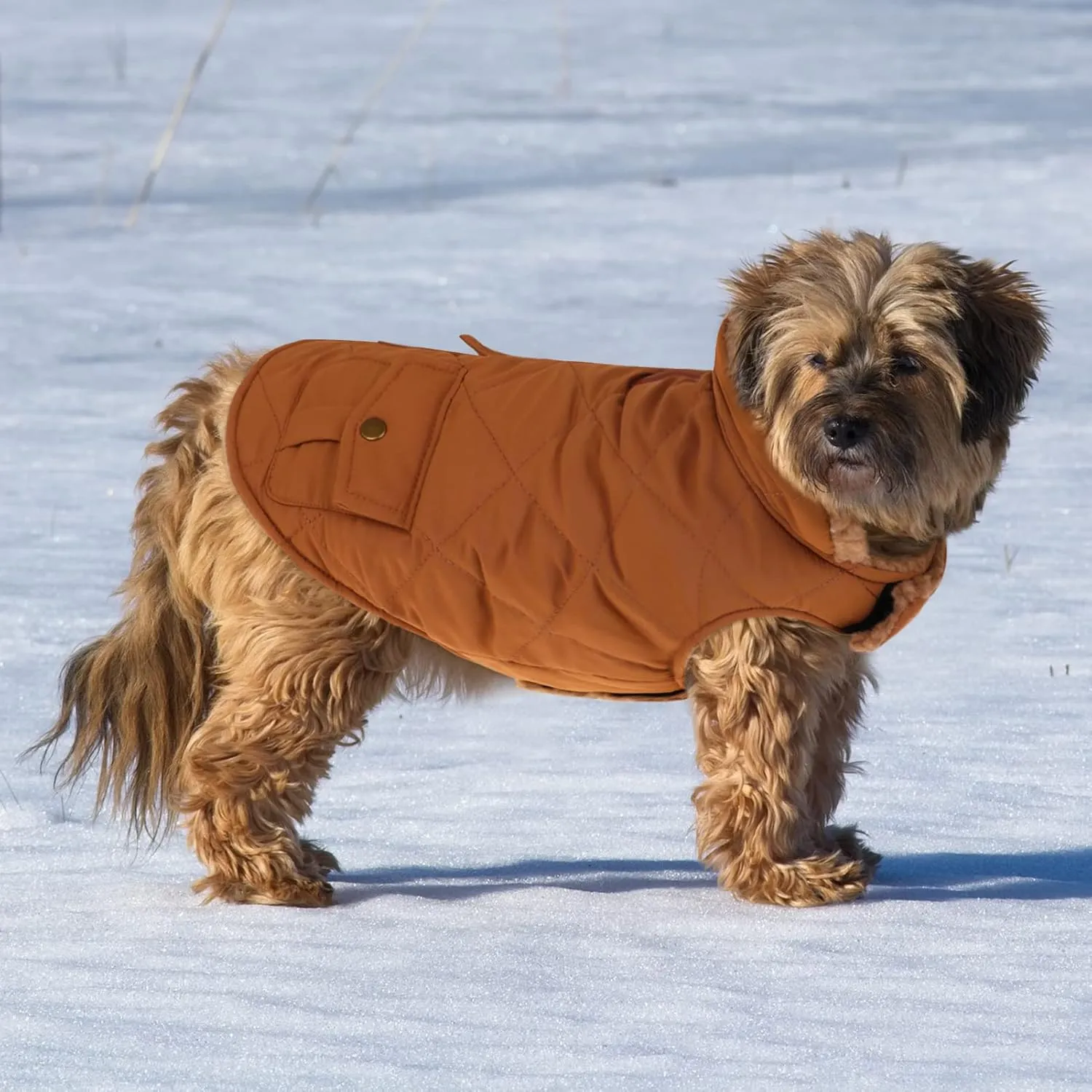Queenmore Warm Dog Coat, Cold Weather Puffer Dog Coat, Quilting Winter Dog Jacket Ultra Thick Plush Lining with Storage Pockets (Brown, X-Small)