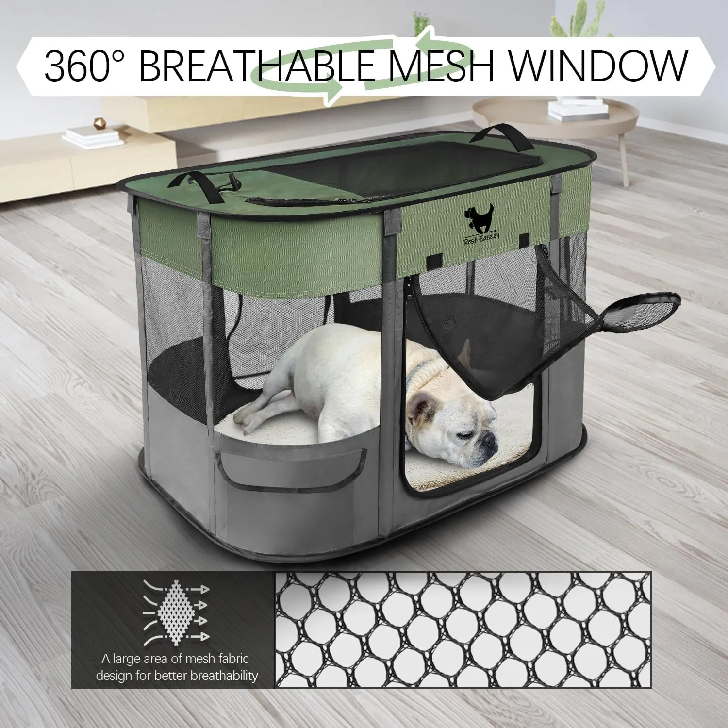 Rest-Eazzzy Dog Playpen, Foldable Kitten Playpen for Medium Dogs, Portable Pet Puppy Playpen with Removable Shade Cover, Indoor Outdoor Travel Camping Use for Small Pets with Carrying Case (S, Green)