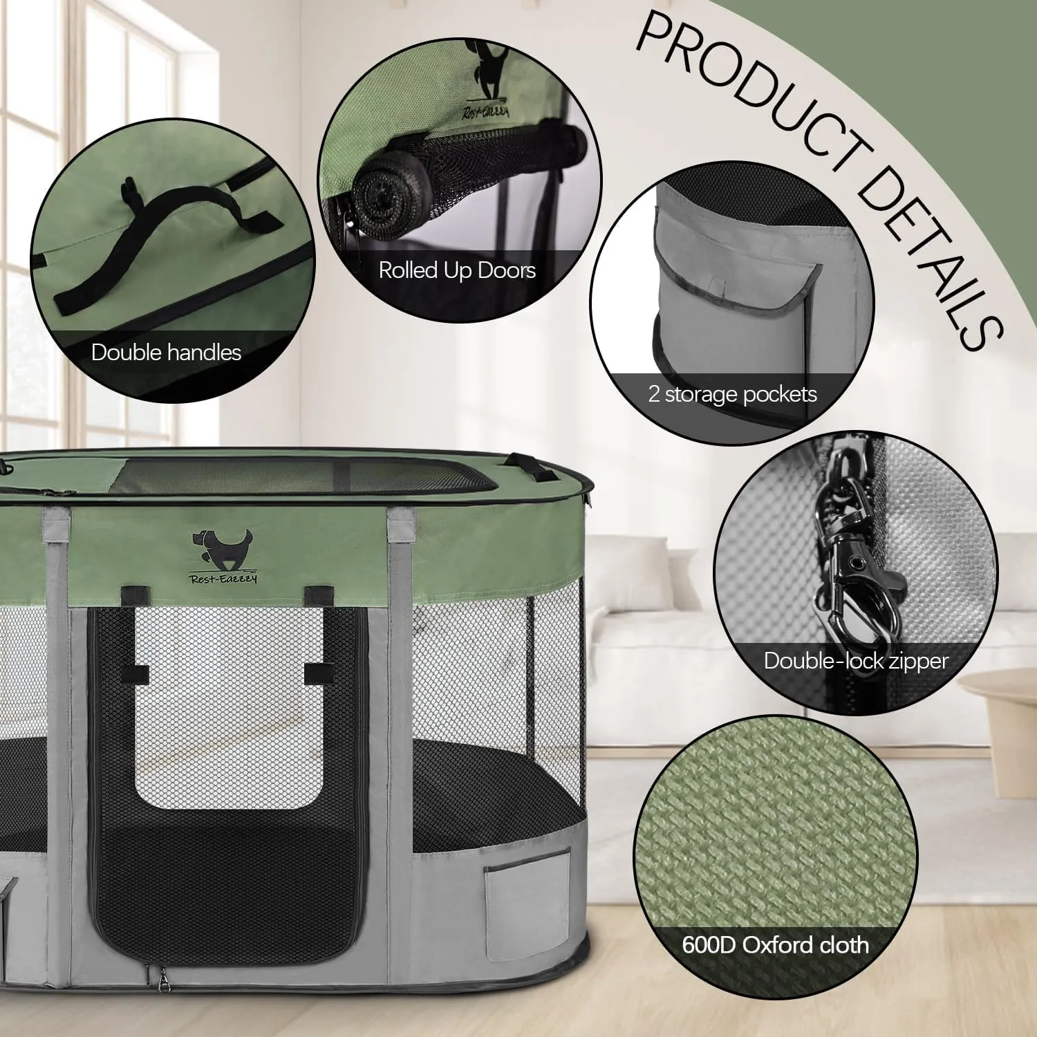 Rest-Eazzzy Dog Playpen, Foldable Kitten Playpen for Medium Dogs, Portable Pet Puppy Playpen with Removable Shade Cover, Indoor Outdoor Travel Camping Use for Small Pets with Carrying Case (S, Green)