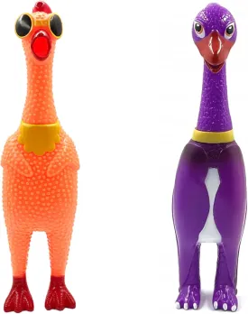 Rubber Chicken/Dinasour Squeaky Dog Toys for Small, Medium or Large Pet Breeds, Play Fetch, Reduce Separation Anxiety (Orange and Purple, Chicken)