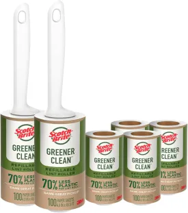 Scotch-Brite Greener Clean Lint Roller, Reusable Lint Rollers for Clothes, Furniture, and Pet Hair, Tidy Up Fabrics with a More Sustainable Fuzz Remover, 2 Roller, 4 Refills