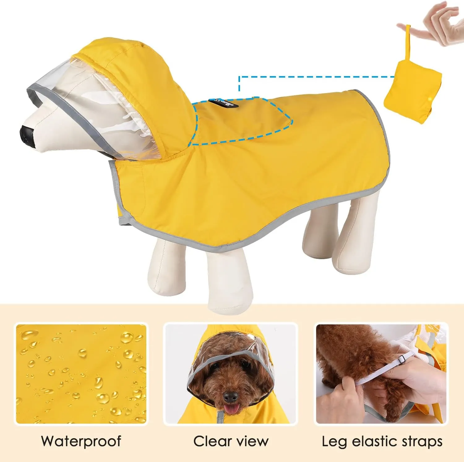 SlowTon Dog Raincoat, Adjustable Dog Rain Jacket Clear Hooded Double Layer, Waterproof Poncho with Reflective Strip Straps and Storage Pocket for Small Medium Large Dogs(XS)