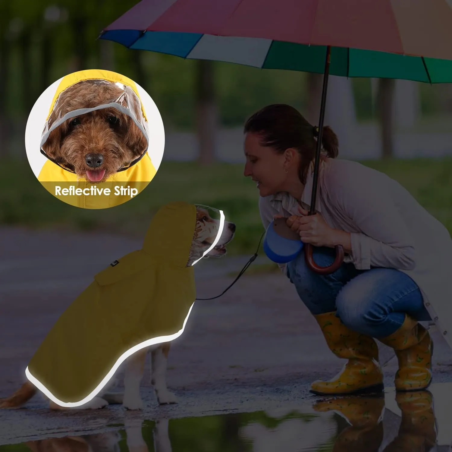 SlowTon Dog Raincoat, Adjustable Dog Rain Jacket Clear Hooded Double Layer, Waterproof Poncho with Reflective Strip Straps and Storage Pocket for Small Medium Large Dogs(XS)