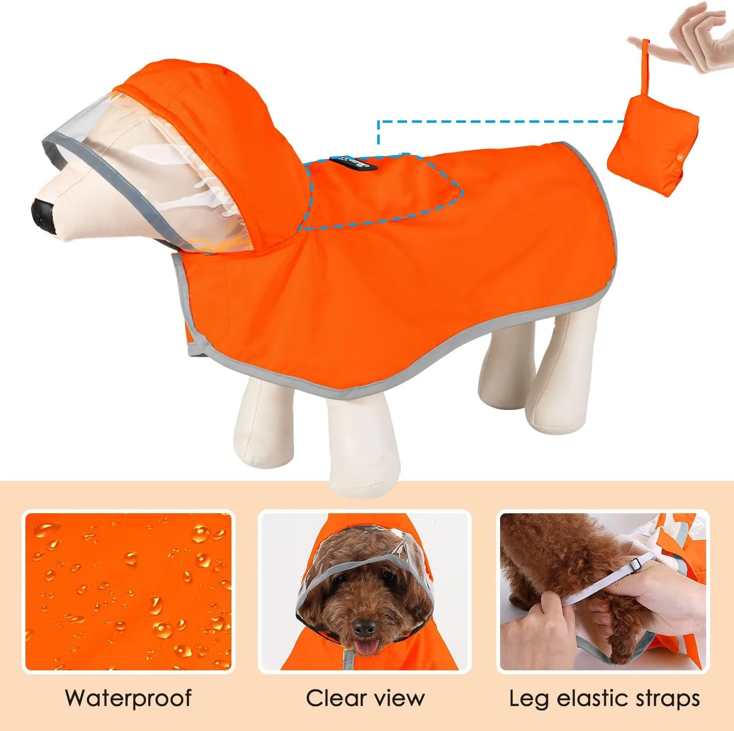 SlowTon Raincoat, Adjustable Dog Jacket with Clear Hood, Double Layer, Waterproof Dog Poncho, Reflective & Storage, S, M, L Puppies(M)