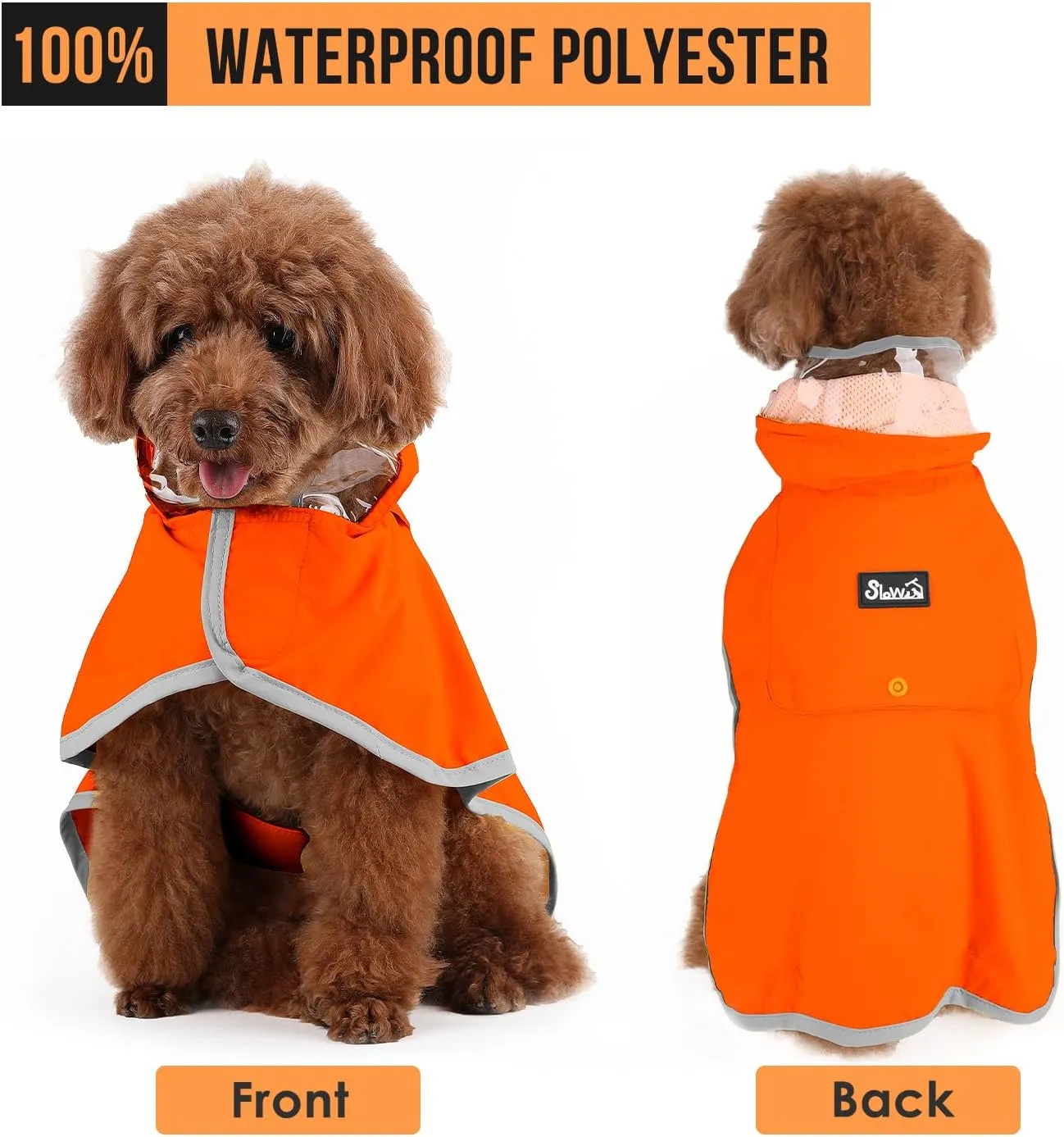 SlowTon Raincoat, Adjustable Dog Jacket with Clear Hood, Double Layer, Waterproof Dog Poncho, Reflective & Storage, S, M, L Puppies(M)